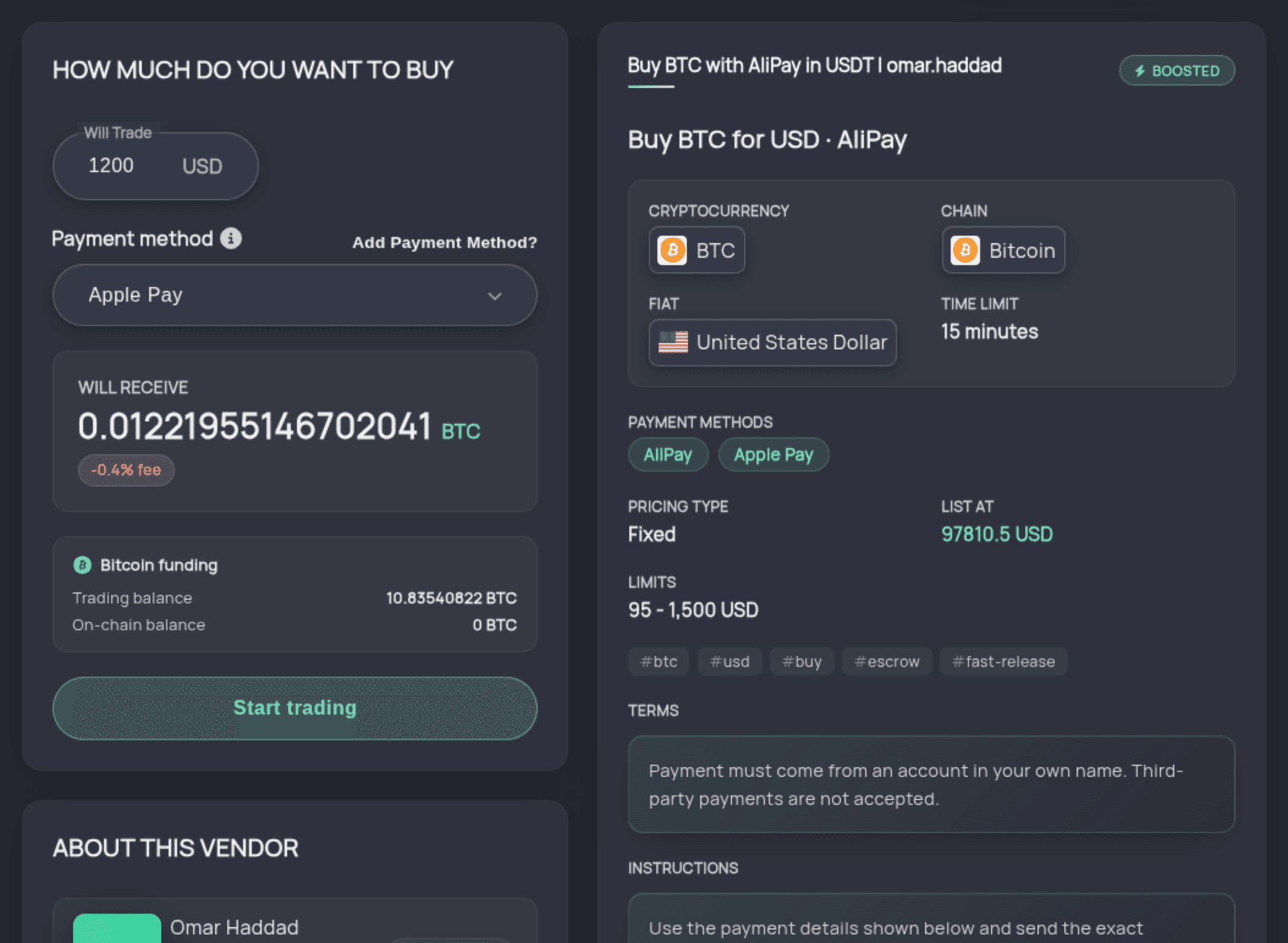 Ethereum offer checkout showing amount, payment method, and vendor
