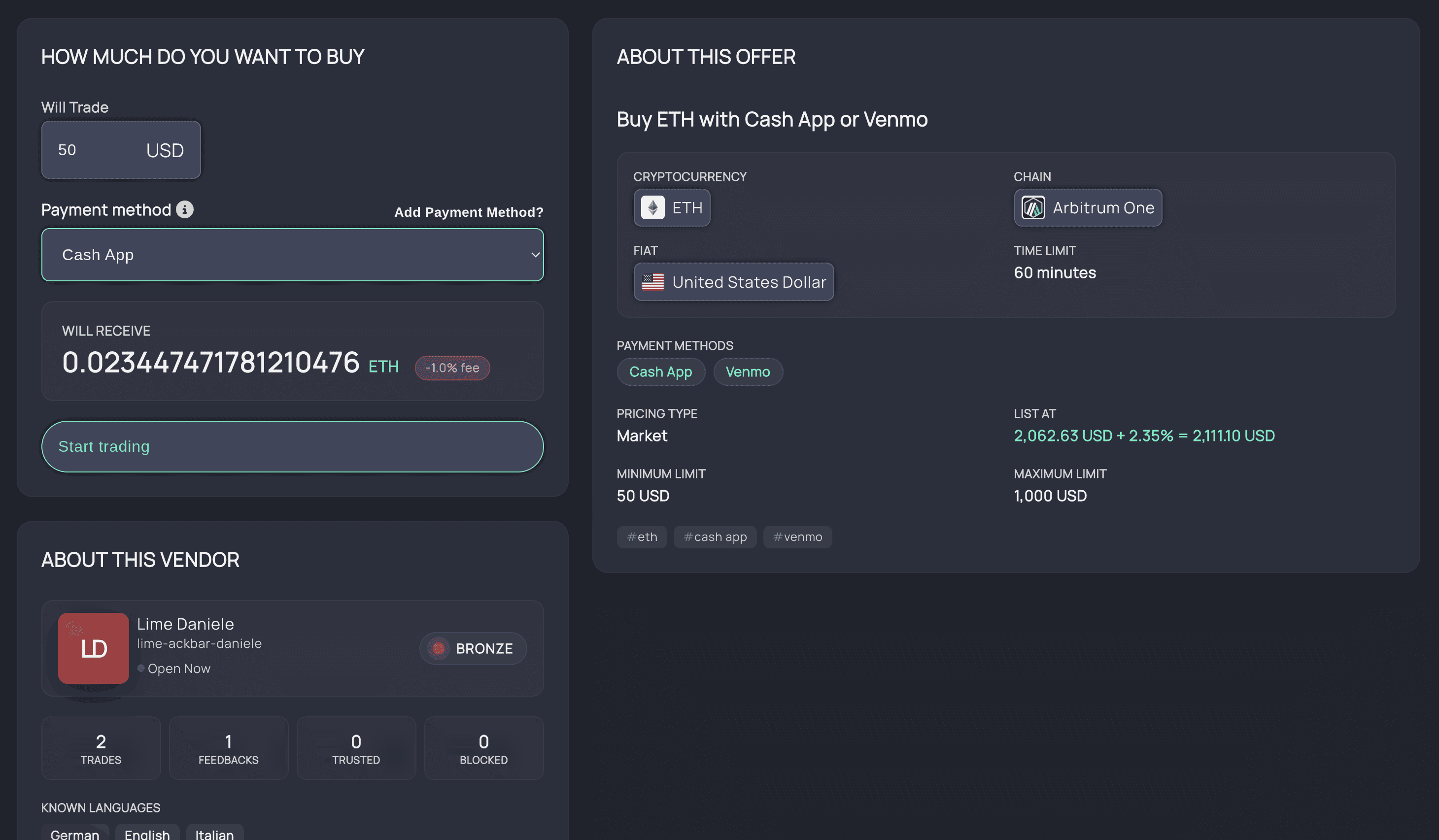 Ethereum offer checkout showing amount, payment method, and vendor