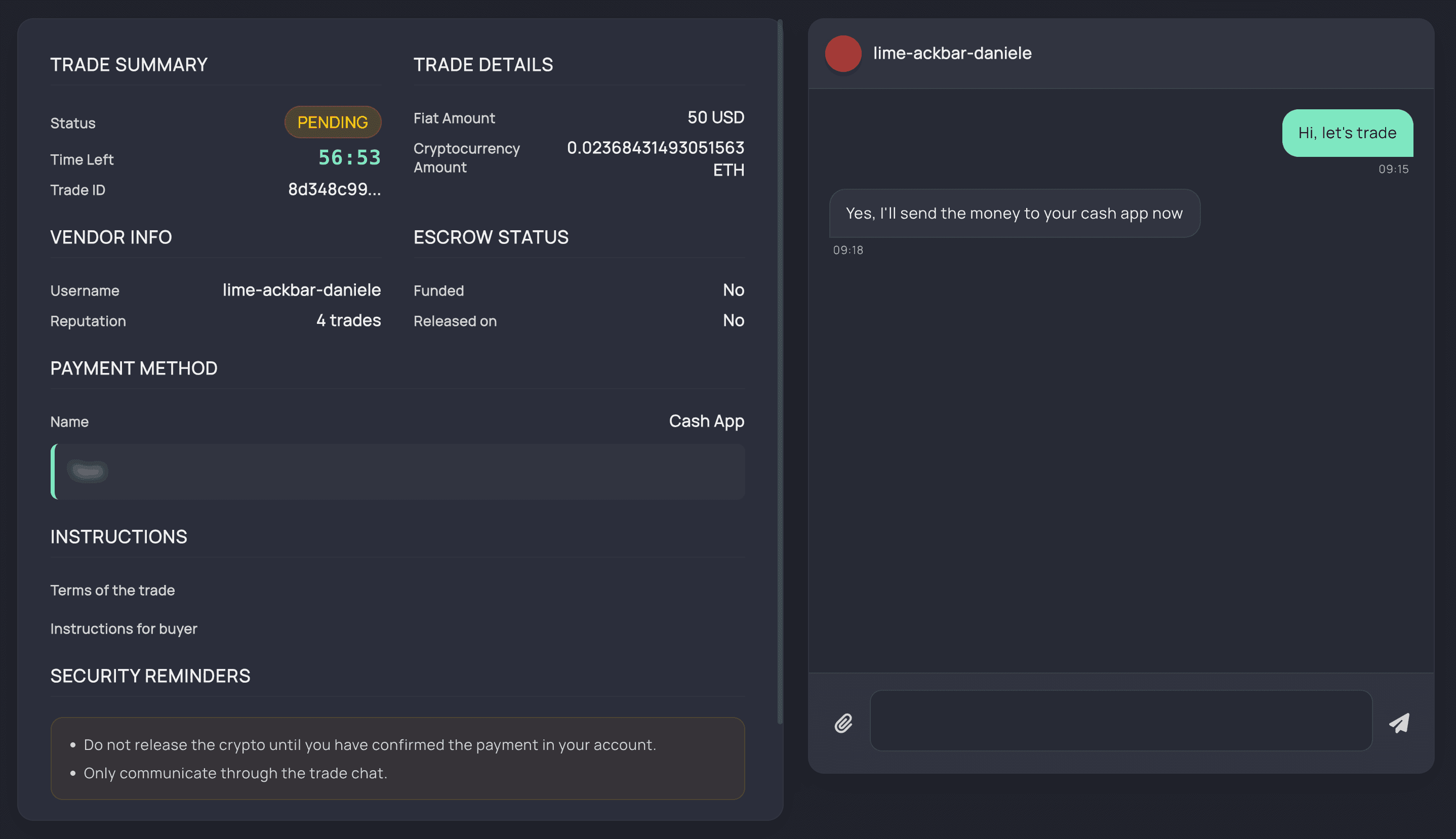 Pending Ethereum trade summary with escrow status and secure chat